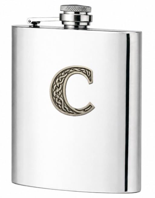 Pinder Bros Ltd Celtic Pewter Initial Classic Stainless Steel Hip Flask in Presentation Box 6oz (C)
