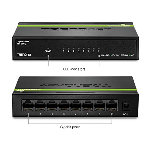 Trendnet 8-Port Unmanaged Gigabit Greennet Desktop Metal Switch, Ethernet Splitter, Fanless,16Gbps Switching Capacity, Plug & Play, Lifetime Protection, Teg-S80G,Black #TOP3