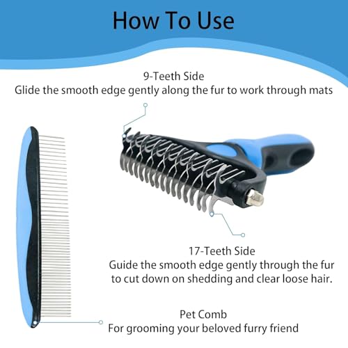 Pet Grooming Brush and Metal Comb Combo, Cat Brush Dog Brush for Shedding, Undercoat Rake for Dogs Grooming, Dematting Deshedding Brush Dogs Shedding Tool for Long matted Haired Pets, Gray (Blue) — view 3