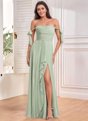 Women’s A Line Chiffon Bridesmaid Dress, Spaghetti Wedding Party Dress Long Formal Evening Gown with Slit4