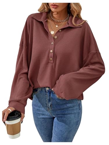 WDIRARA Women's Button Down Long Sleeve T Shirts Waffle Knit