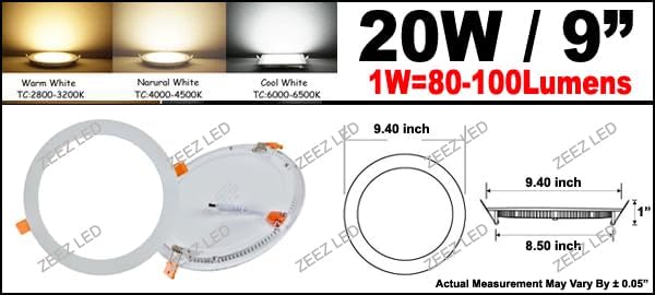 ZEEZ 4 Pack LED Recessed Lighting 9 Inch (OD 9.40" / ID 8.50"), 20W Round Ceiling Down Light Fixture, Dimmable Canless Soft Warm White Can Lights, Ultra-Thin Panel Pot Wafer Pancake Downlight