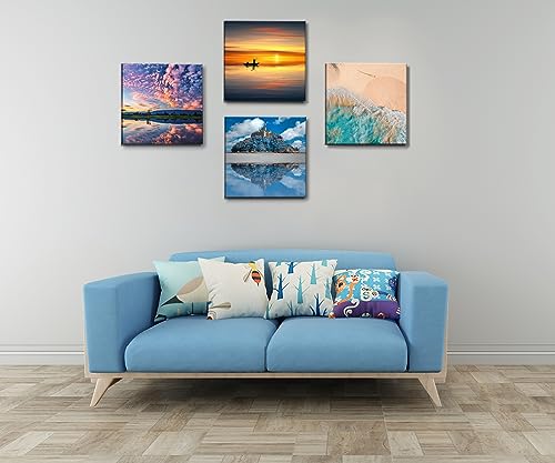 Image of Beach Canvas Wall Art Decor for Bathroom Decor, Ocean Waves Artwork Colorful Nature Landscape Framed Pictures Prints for Bedroom Living Room Office Decoration 12 inchx12 inchx4 panel