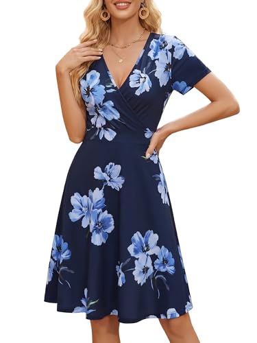 Image of MSBASIC Womens Summer Wrap V Neck Casual Dresses Floral Short Sleeve A-Line Midi Sundress