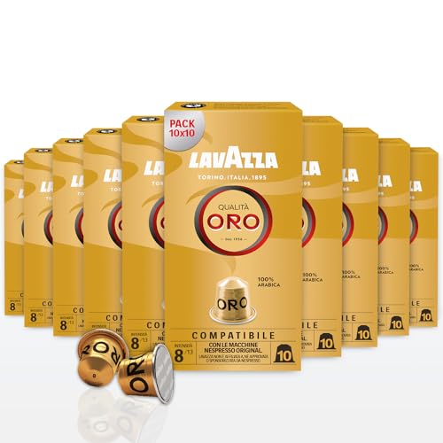 Lavazza, Qualità Oro, 100 Capsule in Alluminio, Note Fruttate e Floreali, 100% Arabica, Intensità 8/13, Tostatura Chiara, 10 Confezioni da 10 Capsule