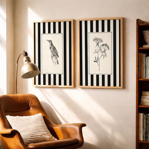 Image of TheMakerly Set of 2 Minimalist Black & White Framed Wall Painting for Living Room | Modern Botanical & Bird Illustration Wall Art | Aesthetic Striped Wall Decor Frames for Bedroom, Office & Hall (M.2, 13x19 inches)