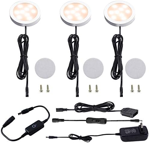 AIBOO Under Cabinet LED Puck Lighting Kit Black Cord with Touch Dimmer Switch for Kitchen Showcase Cupboard Closet Lighting 3 Lights 6W (Warm White)