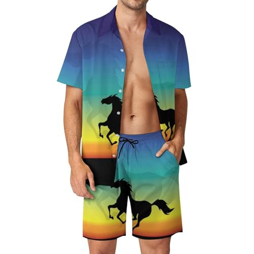 Chemise Hawaïenne Hommes Running Black Horse avec short et pantalon de plage ensemble d'été S