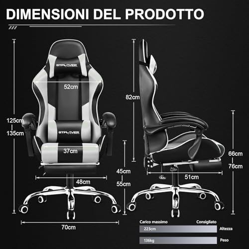 GTPLAYER Sedia da gaming massaggiante ergonomica per computer, con poggiapiedi e supporto lombare, regolabile in altezza, sedile girevole a 360° e poggiatesta, per ufficio, colore bianco