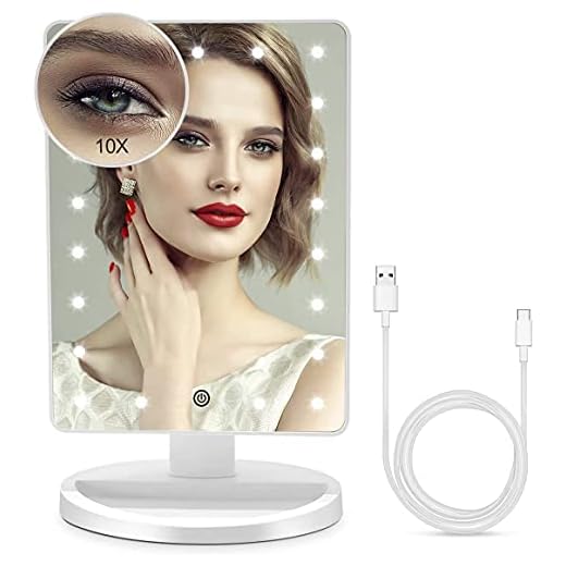 Espejo Maquillaje con Luz LED Aumento 1X/10X, Espejo Cosmético Iluminado de Mesa,180 Rotación, Brillo Adjustable Espejo de Tocador Portátil (Blanco)