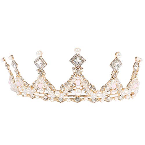 TOCESS Gold Tiara Queen Princess Crown for Women and Girls Pearl Tiara Wedding Crown for Bridal Wedding Prom Costume Festival Party - Thumbnail 7