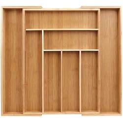 Sosayet Bandeja de bambú, Extensible, con 6 a 8 compartimentos, organizador para cubiertos, para utensilios de cocina