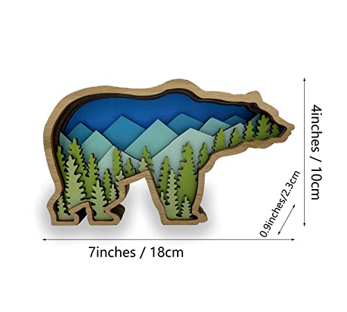 Flangairy Forest Bear Decor Wooden Wall Sculptures Woodland Nursery Signs 3D Mountain Art Rustic Cabin Modern Farmhouse Tree Decor Home Desktop Hunting Room Animal Figurines Nature Colors (Bule) #TOP1