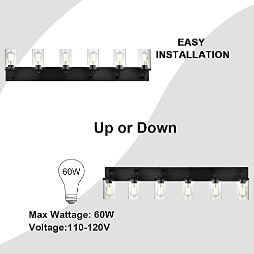 6 Light VINLUZ Bathroom Lighting Fixture in Black Finish,Metal Base Vanity Light with Clear Glass Shade Wall Mount Lamp Decor for Corridor Hallway