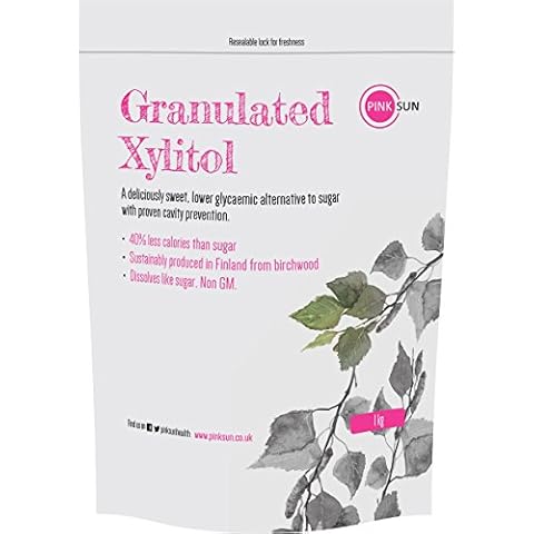 PINK SUN Xylitol Sweetener 1kg (or 3kg, 5kg) Sugar Replacement Granules Substitute Alternative Crystals from Birch Tree Vegan Vegetarian Gluten Free Diabetic Low Carb Non GM 1000g Bulk Buy KG Finland Cover