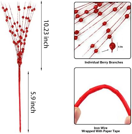 Miniatura 2 de CCINEE Adornos de tallo de bayas artificiales rojas con purpurina, paquete de 10 púas de Navidad falsas de 19.7 pulgadas, palitos de cuentas
