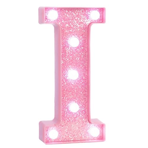 Image of Pink Marquee Light Up Letters, Glitter Alphabet LED Letter Lights for Pink Birthday Party Decorations, Battery Operated Letter Sign for Girls Room Vanity Table Decor, Cool White Lights Letter I