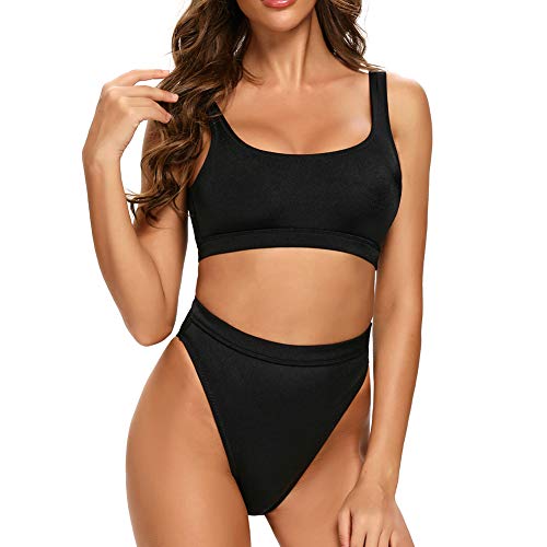Dixperfect Two Pieces Bikini Sets Swimsuit Low Scoop Top High Waisted Cheeky Bottom (XL, Black)