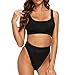 Dixperfect Two Pieces Bikini Sets Swimsuit Low Scoop Top High Waisted Cheeky Bottom (S, Black)