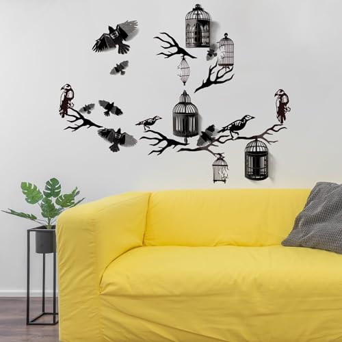 Autocollant mural 3D cage à corbeau noir pailleté effet relief
