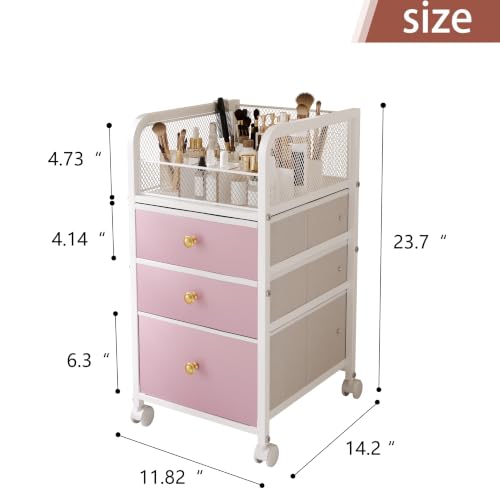 Image of Rolling Makeup Vanity Cart, Makeup Organizer with Drawers, Rolling Makeup Bathroom Storage Cart, Cosmetic Vanity Display Cases Holder for Nail Polish Brush Hair Tool (Pink)