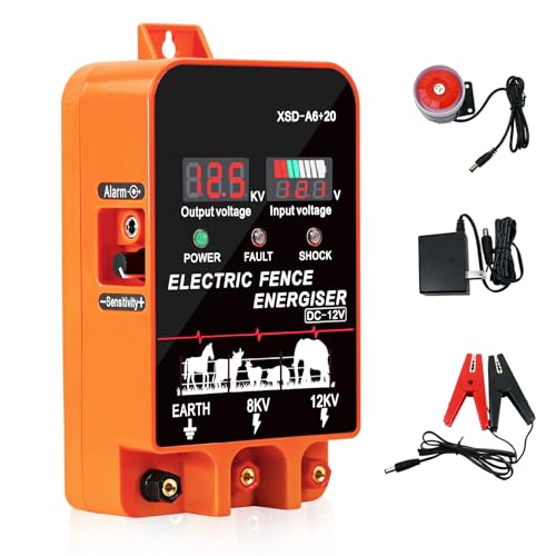 5.5J Electric Fence Charger Energizer, 5.5 Joules 10 Miles, AC DC 2 in 1 Powered Supply, Input 12V Output 8 KV or 12KV, with Display and Alarm, Contain Cattle Cow and Livestock, No Remote