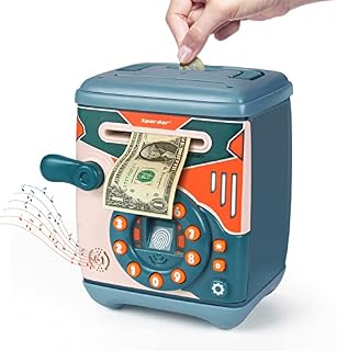 Spardar Money Box for Kids, Electronic Piggy Bank with Fun Music, Password Code Lock Fingerprint Security Mini ATM Toy, Auto Scroll Money Safe Saving Box for Children Boys Girls