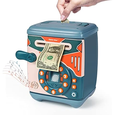Spardar Money Box for Kids, Electronic Piggy Bank with Fun Music, Password Code Lock Fingerprint Security Mini ATM Toy, Auto Scroll Money Safe Saving Box for Children Boys Girls Cover