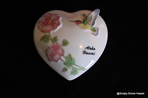Aloha Hawaii from Japan a Small Porcelain Decorative trinket box - hearth shape Hibiscus with Bird
