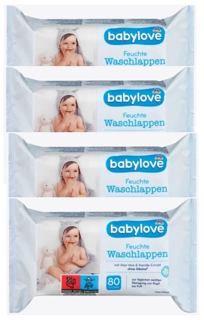 Babylove Feuchte Waschlappen - Sanfte Reinigung mit Aloe Vera & Kamille, für empfindliche Babyhaut & Erwachsene, 4 x 80 Stück