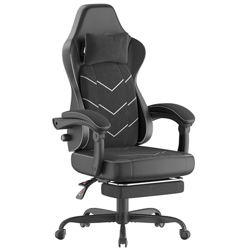 TRIUMPHKEY Gaming Chair, Ergonomic Office Chair with Footrest Headrest, Adjustable Computer Chair, Lumbar Support, Spring Cushion, Synchronized Armrests, Max 200KG, Obsidian Black