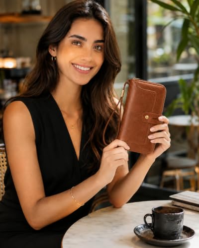 Image of Womens Wallet Rfid Blocking Bifold Leather Wristlet Cute Long Clutch Brown | Large Capacity Card Holder Wallet Purse with Zipper,ID Window,Strap for Female Ladies Teen Girls