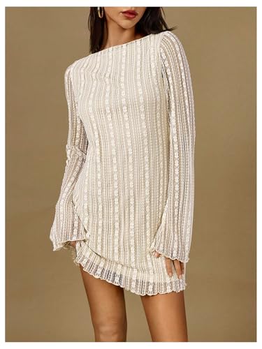 SOLY HUX Women's Lace Mini Dress Boat Neck Long Sleeve Lettuce Trim Bodycon Dresses4