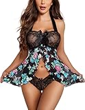 Avidlove Lingerie for Women Sexy Babydoll Lingerie Set Halter Chemise Sheer Mesh Nighty Open Front Lingerie Dress