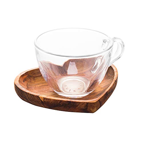Conjunto 6 Xícaras de Chá de Cristal com Prato em Madeira Teca Coração 190ml - Wolff Craft