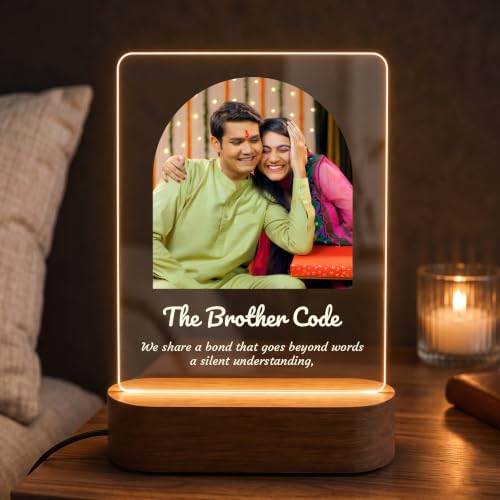 Image of Giftplease Personalized LED Photo Lamp for Brother, Custom Arch Acrylic Night Light with Wooden Base, The Brother Code Engraved Table Lamp, Unique Birthday, Rakhi, and Graduation Gift for Brother