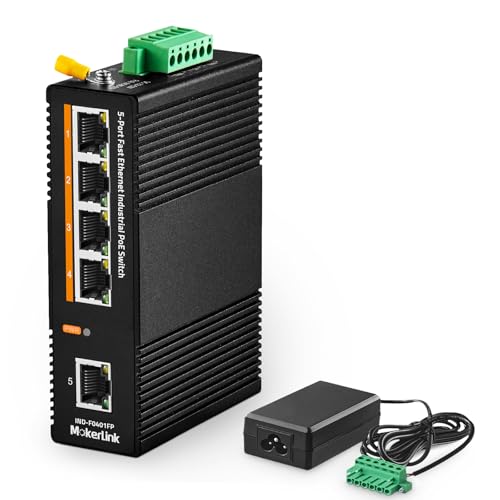 Image of MokerLink 5 Port PoE Industrial DIN-Rail Network Switch, 60W IEEE802.3af /at PoE Power, 10 /100Mbps Fast Ethernet, IP40 Rated Network Switch (-40 to 185F), with UL Power Supply
