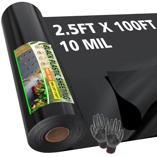 10 Mil Black Plastic Sheeting Heavy Duty 2.5ft x 100ft LLDPE Vapor Barrier for Crawl Space Encapsulation Moisture Barrier Film for Basement Landscaping Greenhouse & DIY (with Gloves)