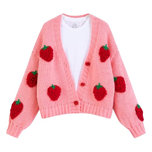 Image of FindThy Women's Kawaii Strawberry Embroidered Cardigan Long Sleeve V Neck Chunky Knitted Cardigans Tops