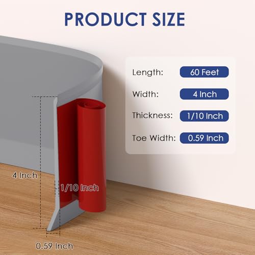 Flexible Baseboard Molding Trim 4 Inch × 60 Feet Vinyl Wall Base Self Adhesive Baseboards Peel and Stick Baseboard Trim Rubber Baseboard Cove Base for Garage Kitchen Bathroom Living Room Office - Grey by Safotad - Image 6