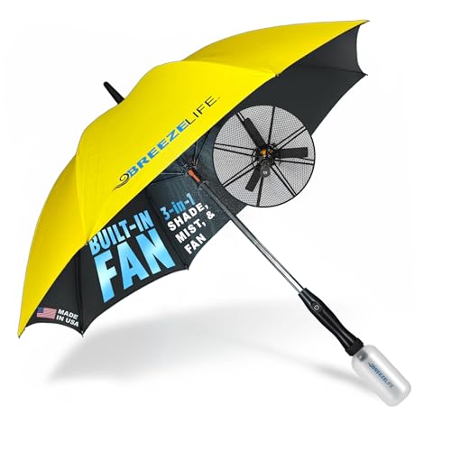 Breeze Life Sun Umbrella with Fan and Mister Rechargeable Misting Umbrella with Built-in Fan For Festivals Beach and More Blocks Harmful Sun Rays UPF 50+ UV Protection Mist bottle included