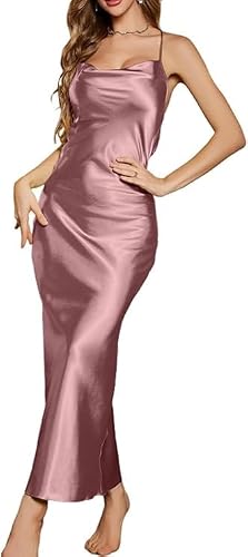 ALCEA ROSEA Women's Satin Nightgown Sexy Silky Cowl Neck Slip Dress Open Back Sleepwear 3922(Pink,L)