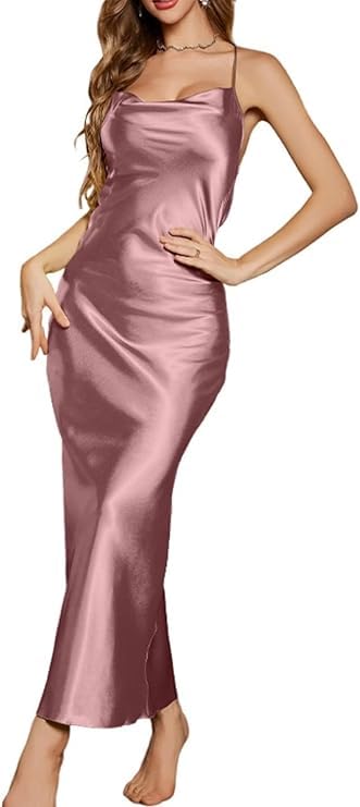 ALCEA ROSEA Women's Satin Nightgown Sexy Silky Cowl Neck Slip Dress Open Back Sleepwear 3922(Pink,L)