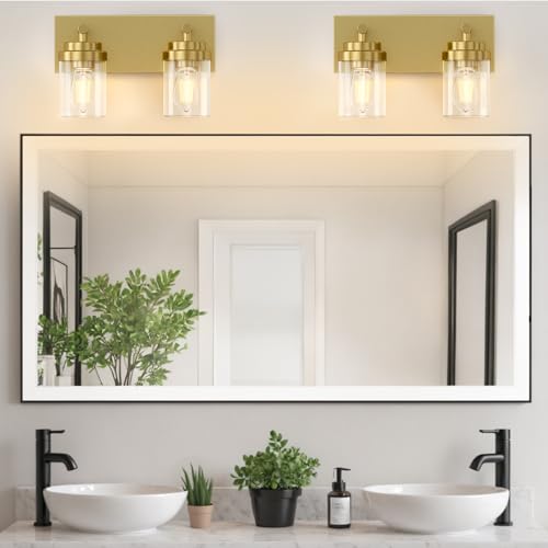 Image of IZORRO Bathroom Vanity Light Fixture, 2-Light 15 Inch Gold Bathroom Light Fixtures Over Mirror, with Clear Glass Shade, Modern Farmhouse Vanity Lights, Rustic Restroom Lighting Fixtures