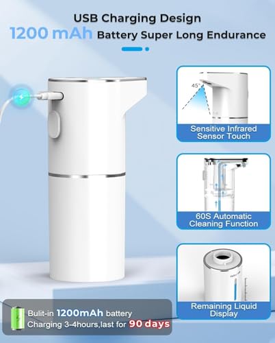Image of Automatic Soap Dispenser,Touchless for Home Bathroom, Office, Kitchen,1200mAh Battery with Auto-Clean,Sensor Hand Wash Dispenser with 3-Speed Adjustable Foaming Handwash Dispenser