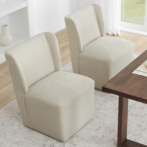 Image of KISLOT Upholstered Dining Chairs Set of 2 with Casters, Wingback Modern Side Armless Deskchair with Rollers for Diningroom Bedroom Livingroom Reading Room, Cream Beige Fabric