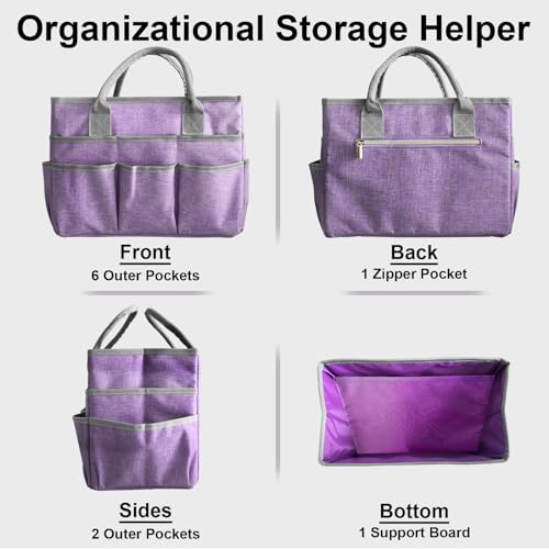 Image of Cupohus Art Organizer Craft Storage Tote Bag with Pockets and Handles, Oxford Fabric Carrying Caddy for Teacher, Officer, Artist, Traveler -Purple