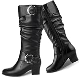 Voviggiw Damen Weiter Schaft Knielange Schlaffer Schaft Stiefel Runde Spitze Schnallenriemen Reitstiefel Block Mittelhoher Absatz Knielange Stiefel Seitenreißverschluss Schwarz Größenangabe 39