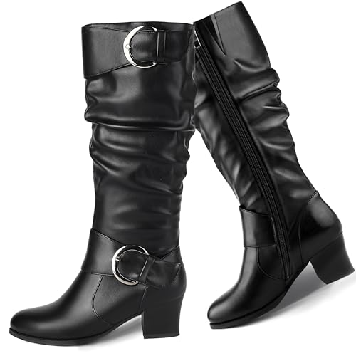 Women Black Knee High Boots Wide Calf Slouch Riding Boots for Women Buckle Comfort Tall Block Mid Heel - Main Image