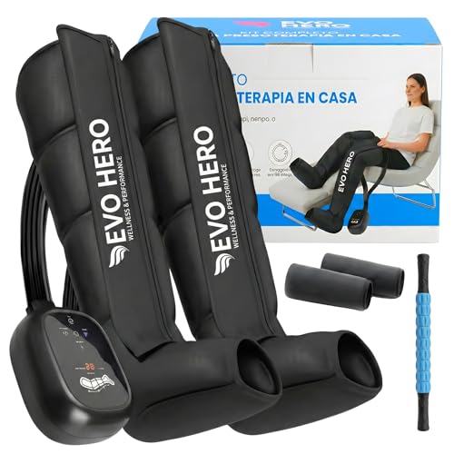 EVO HERO Kit Completo Presoterapia para Casa con Rodillo Masajeador y Compresas Frío/Caliente - Botas de Presoterapia Piernas con Pre y Post Tratamiento - 4 Modos Automáticos 4 Manuales y 3 Potencias